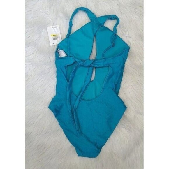 BECCA One-Piece Swimsuit M High Neck Plunge Cut Out Gulf Blue Vibes Tessa - Picture 6 of 8
